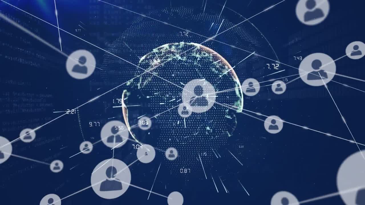 회전하는 지구 위의 빛의 흔적에 대한 프로필 아이콘 네트워크의 애니메이션 및 데이터 처리