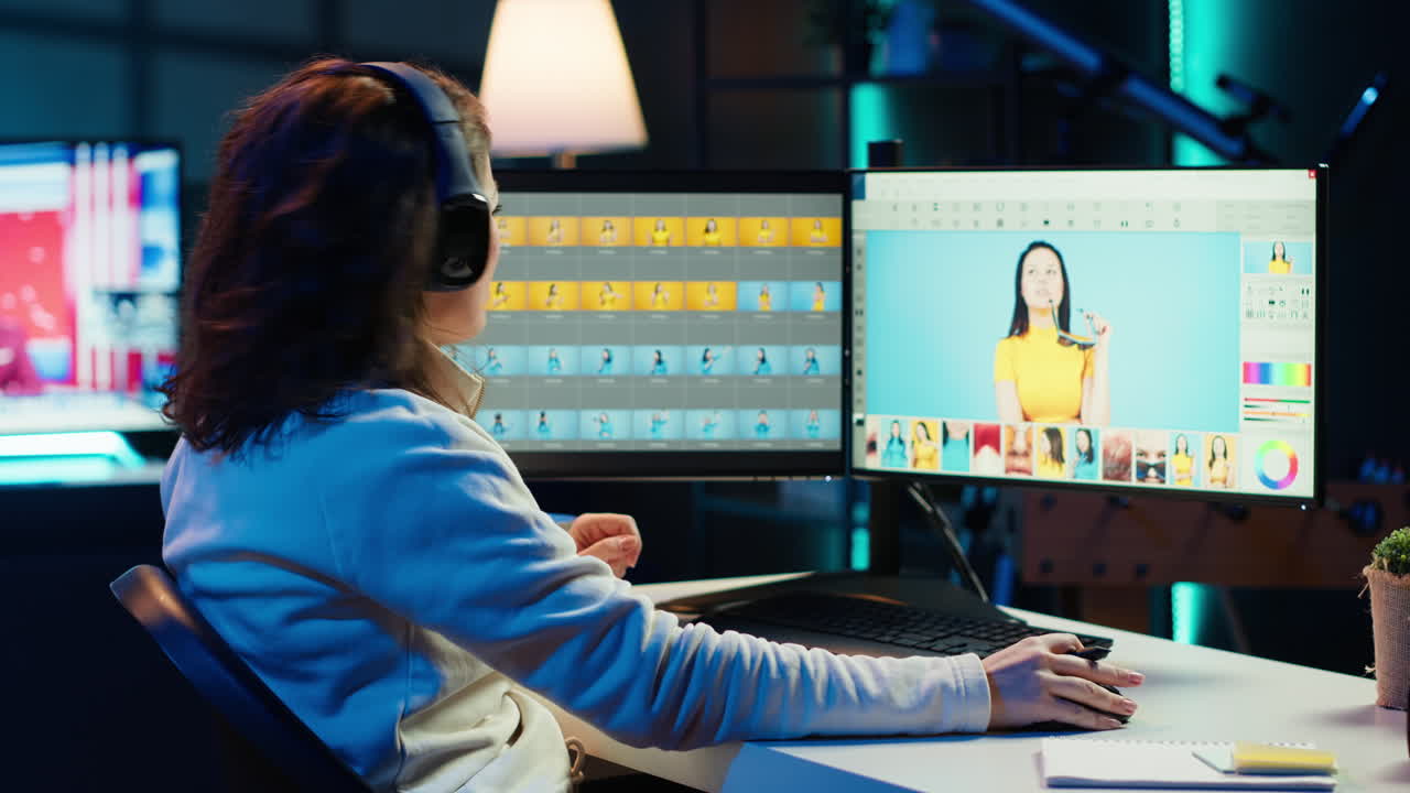 freelancer bailando en una silla mientras edita fotografías, disfrutando de la música