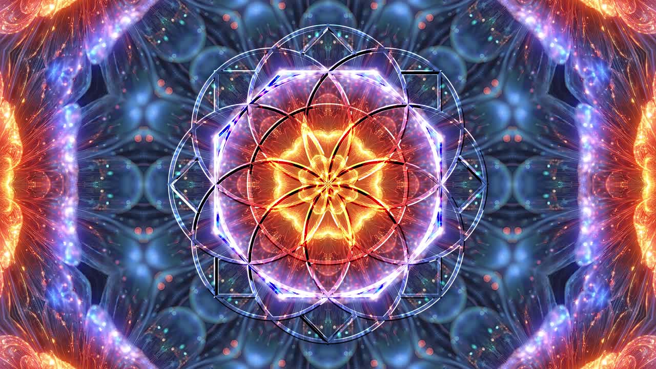 Loop 4K60 senza interruzioni. Mandala geometrico ottagonale in vetro 3D su un frattale di loto cosmico bioluminescente in blu brillante e arancione infuocato. Ideale per set ed eventi VJ orizzontali o verticali.