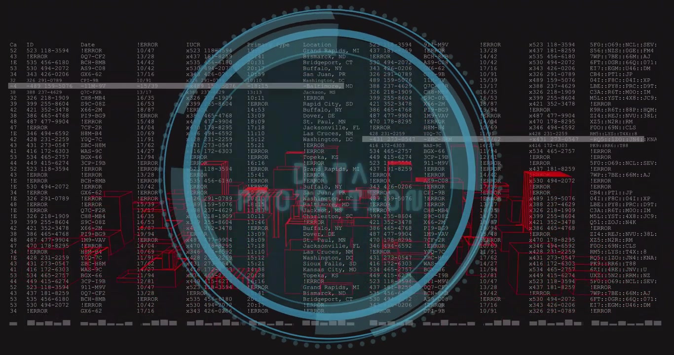 Cityscape with coding and data animation over black background