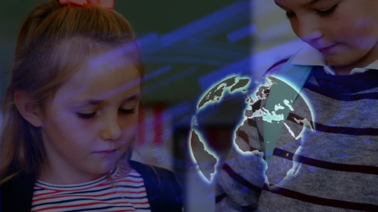 Girl holding tablet and boy touching screen causing 3D globe rotating continents in school hallway