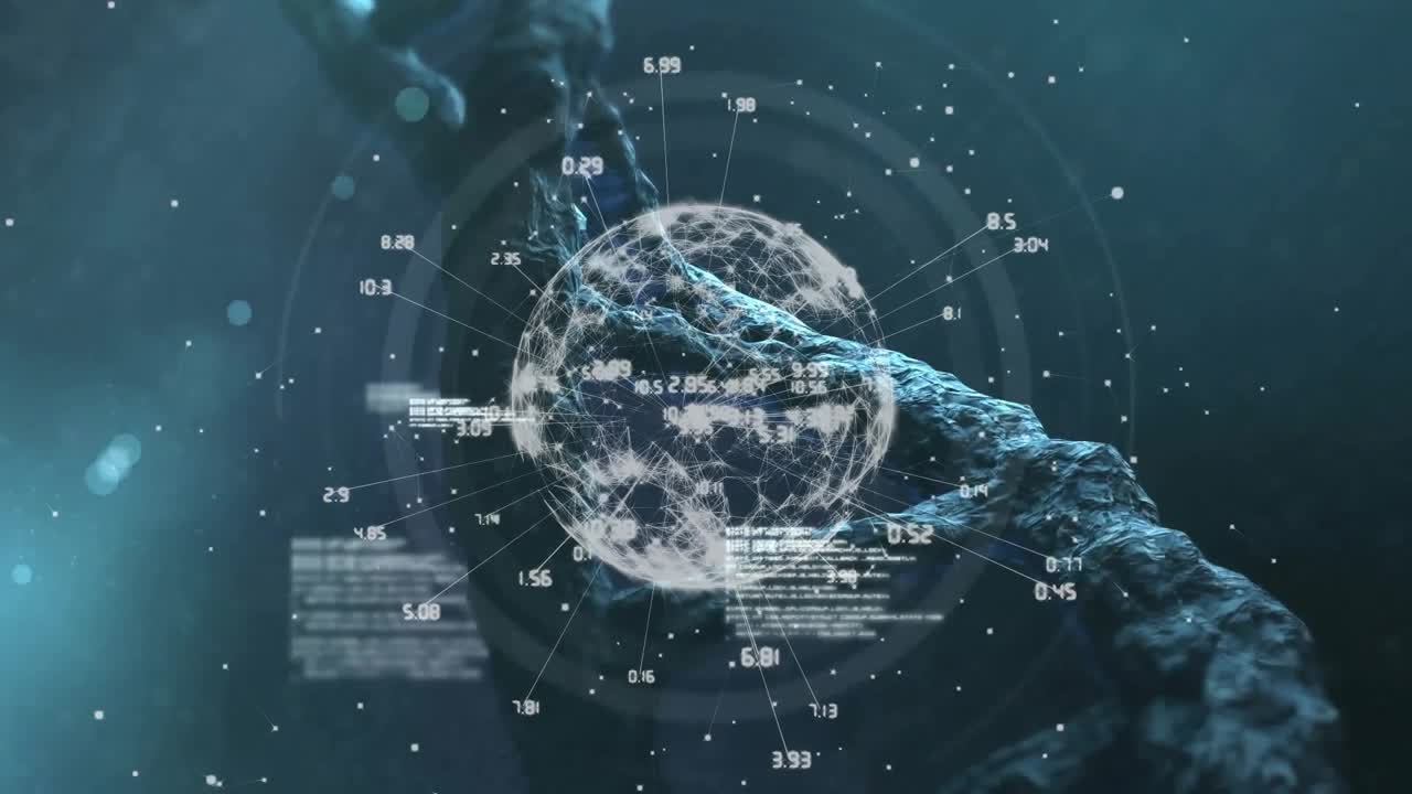 Rotating globe with data points and connections, showing scientific data processing
