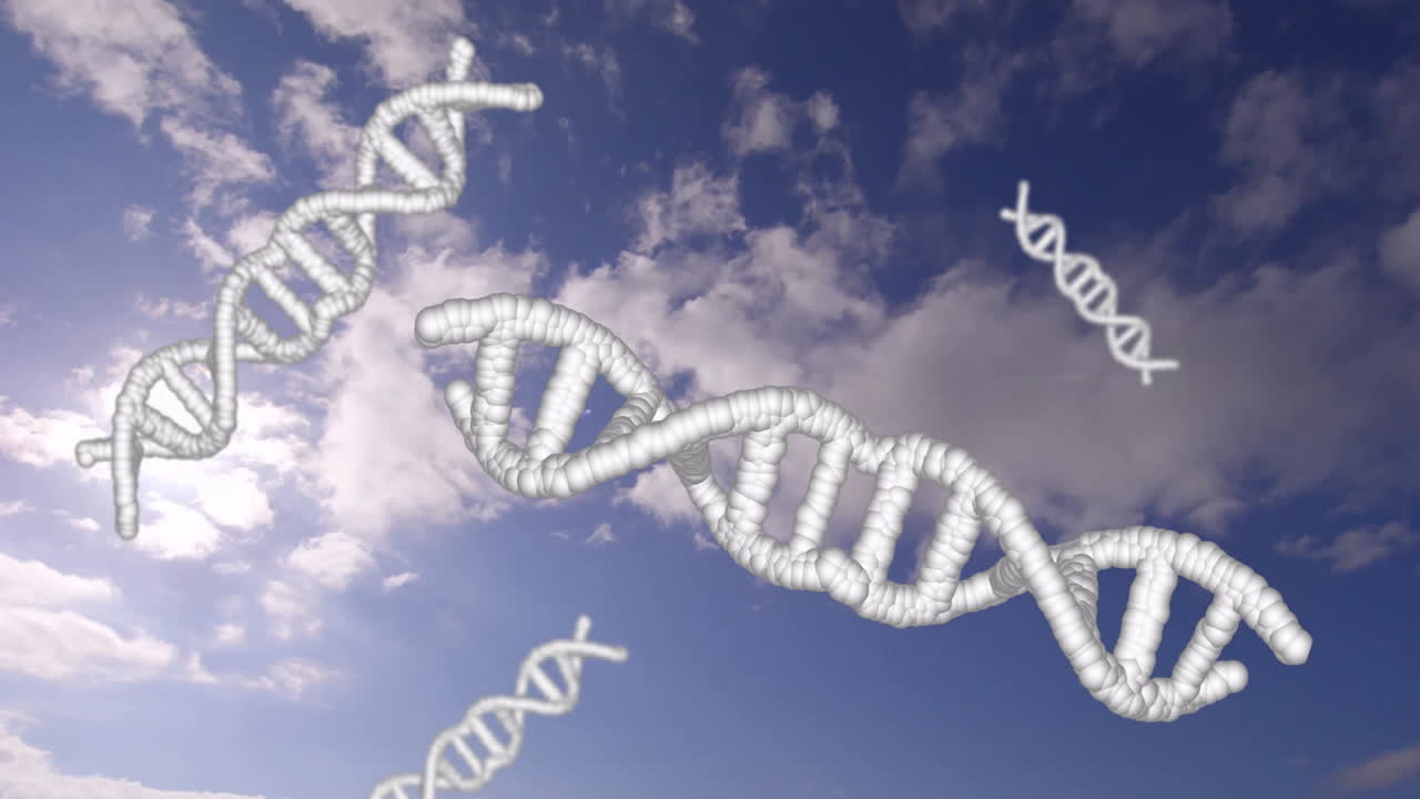 animación de cadenas de adn sobre nubes en el cielo azul