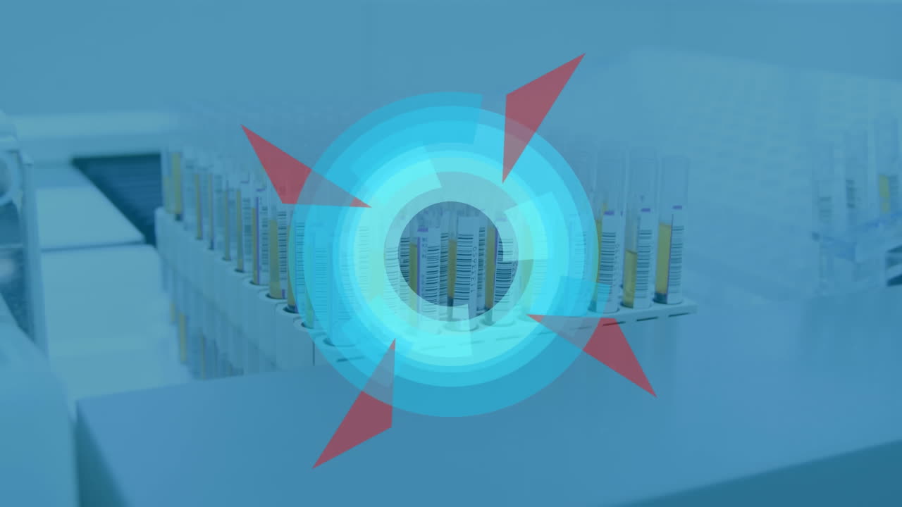 추상적인 기하학적 원형 모양은 실험실의 스탠드에서 여러 시험 튜브에 대해 회전합니다.