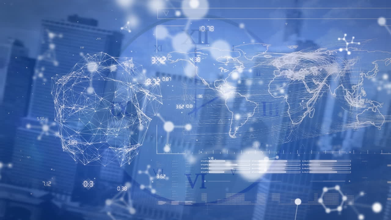 시계와 도시 풍경에 대한 데이터 처리 애니메이션