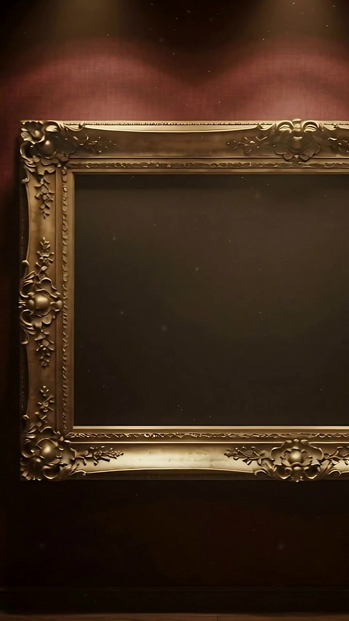 Verticale video: Camera begint omhoog te pannen langs vergulde lijst in galerie, toont lichten en stof.