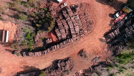 Aerial-view-spinning-shot-piled-logs-wood-sawmill-Curauma-Chile-day