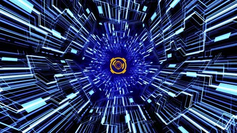 seamless loop 3d futuristic circlular digital tunnel hud with tech circles and digital circuit board background in orange-blue color