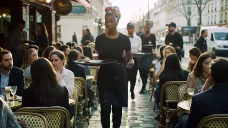a busy outdoor café scene: a waitress serves drinks to patrons while people enjoy their time at a vibrant european street dining experience