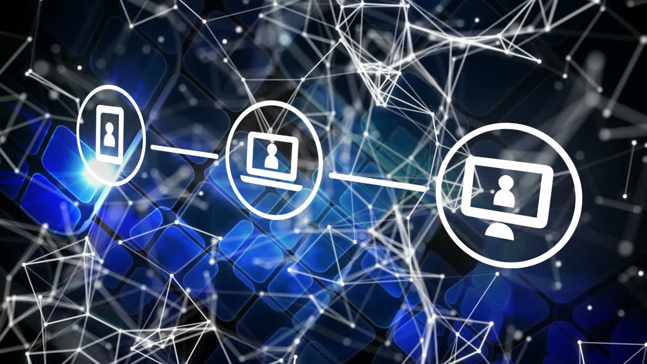 animación de iconos sobre una red de conexiones y cuadrados sobre fondo negro