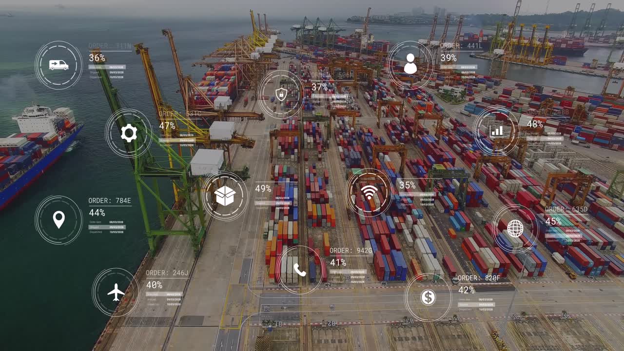Animation of icons with data processing over shipyard