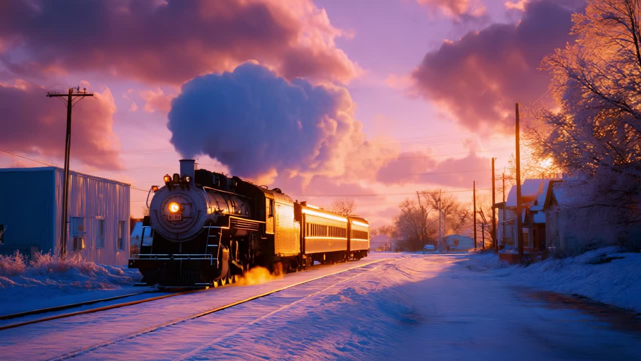 A Majestic Winter Sunset Scene Featuring a Vintage Steam Locomotive Traveling Through a Snow-Covered Landscape, Illuminated by the Warm Glow of the Setting Sun and Framed by Colorful Clouds
