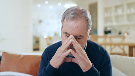 stress, headache and senior man in living room