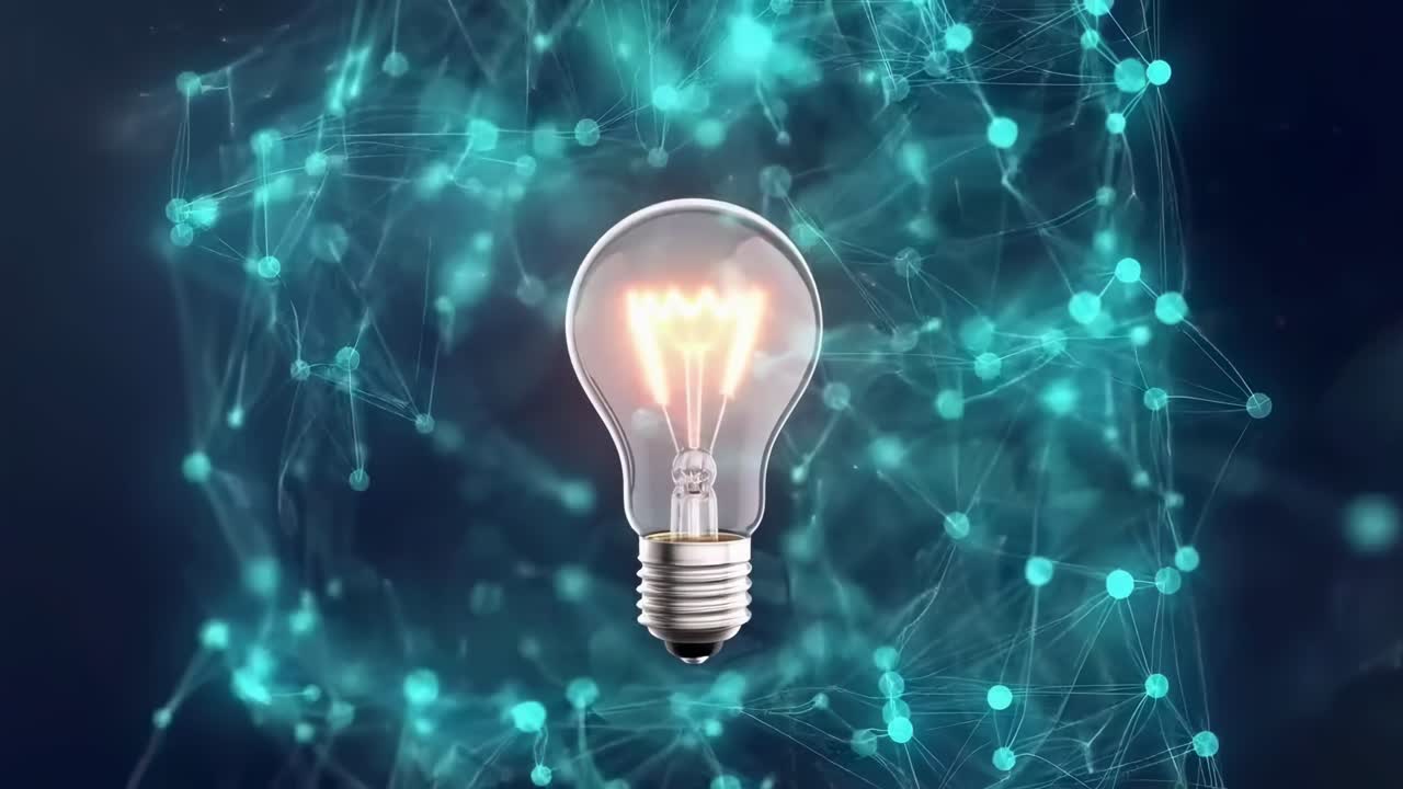 En glødende pære omgivet af digitale knuder, fanget i en videoengel i nærbillede, live desktop