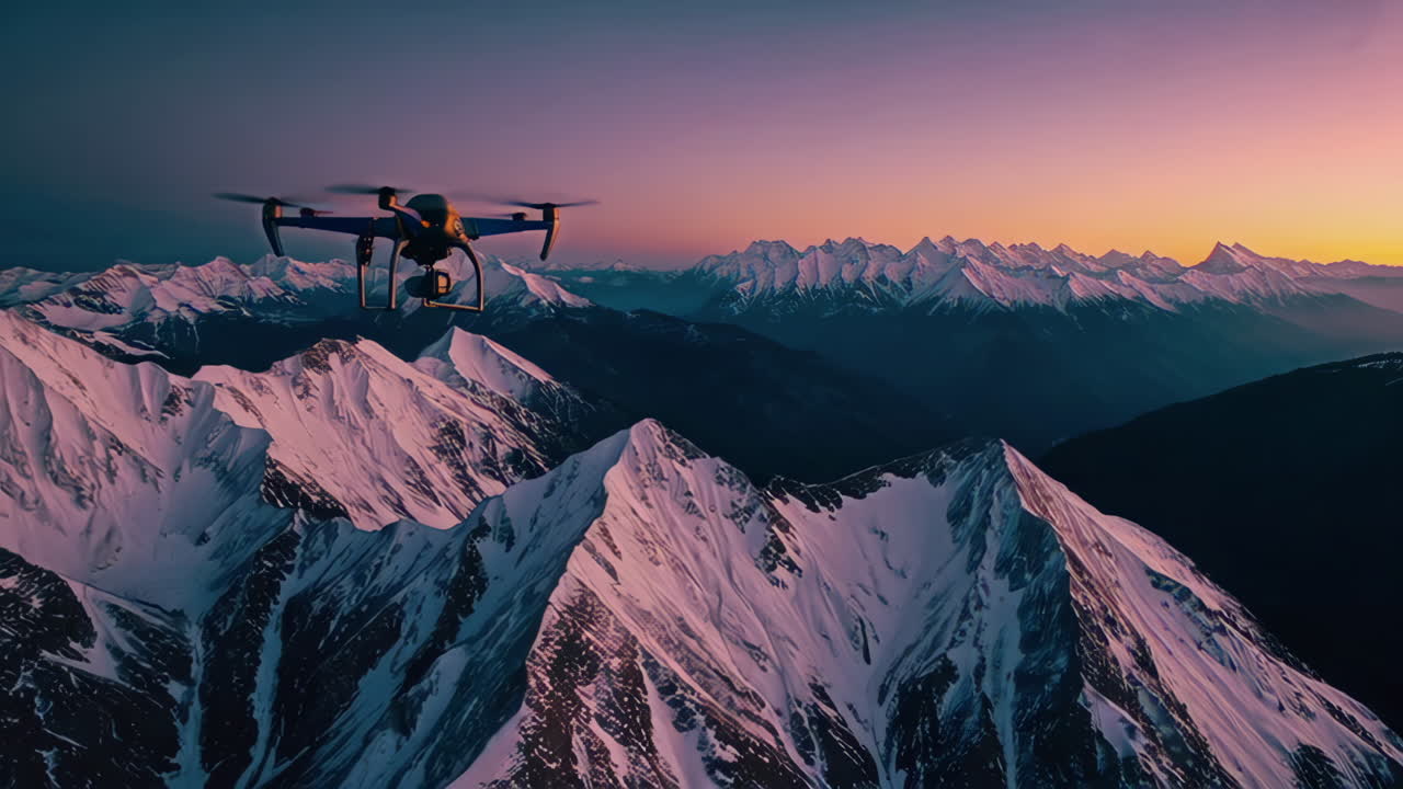 Drone Flight Over Snowy Mountains at Sunrise/Sunset