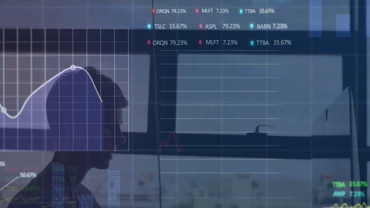 Analyzing stock market data, person with graphs overlaying window view animation
