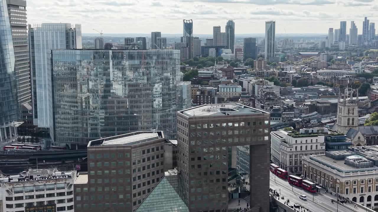 South London drone,aerial view high rise buildings train crosses in foreground