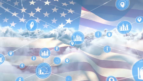 animation of network of connections with graph icons over flag of usa