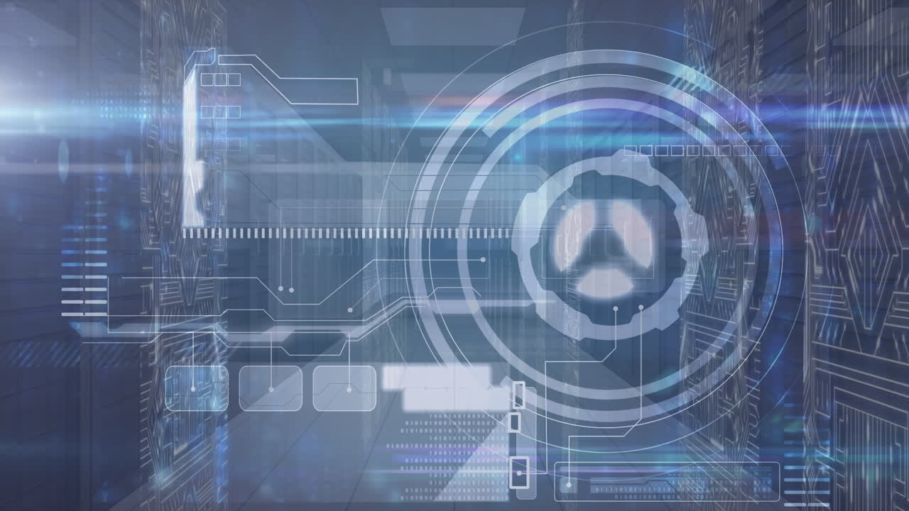 animación del escaneo del alcance y el procesamiento de datos sobre la sala del servidor