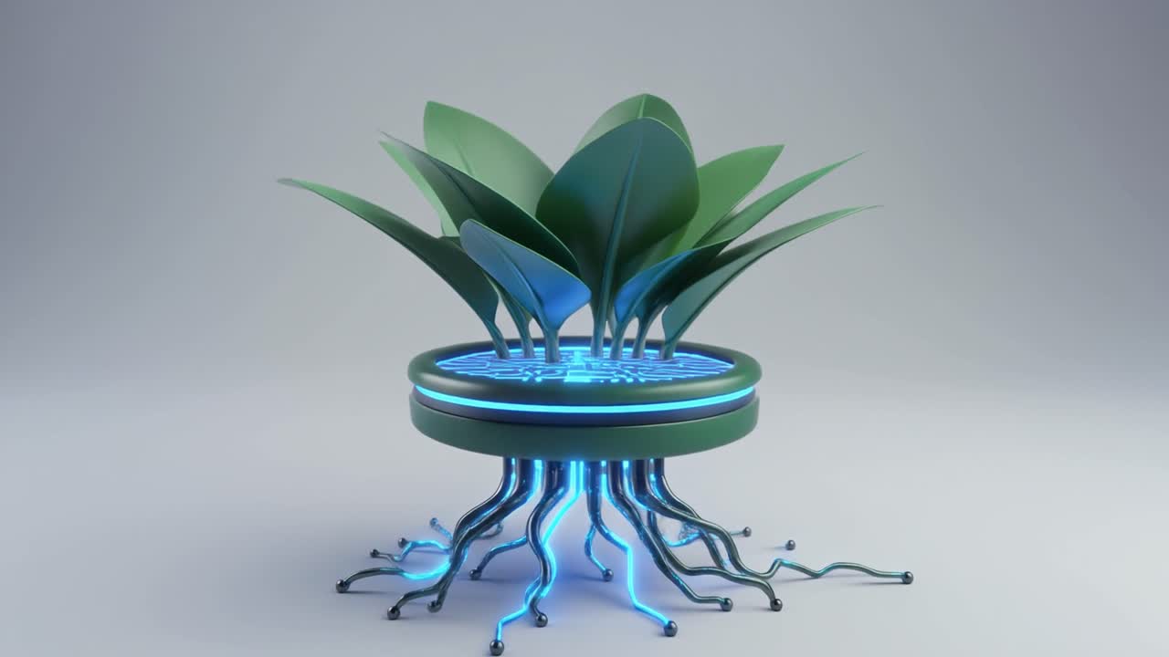 Futuristic Digital Plant Growing with Glowing Blue Roots