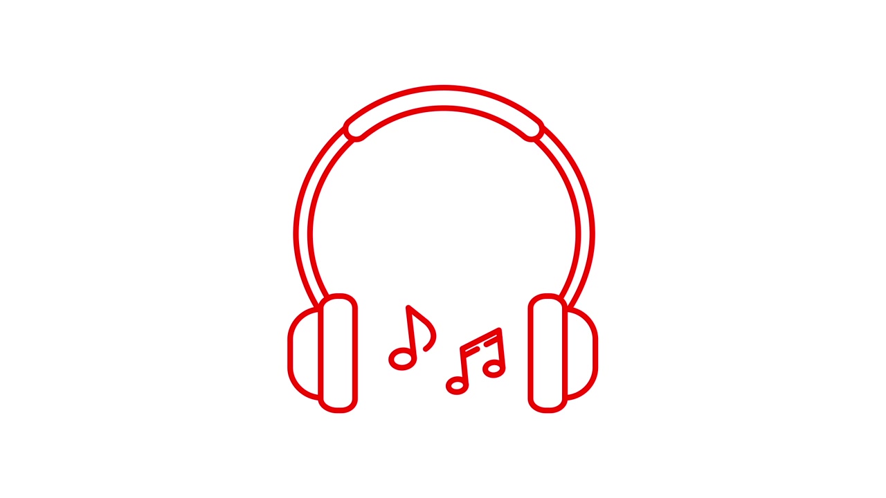 Animazione di disegno di cuffie con contorno rosso e note musicali.