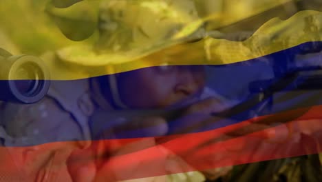 Animation-of-flag-of-colombia-over-diverse-male-soldiers-aiming-with-weapon