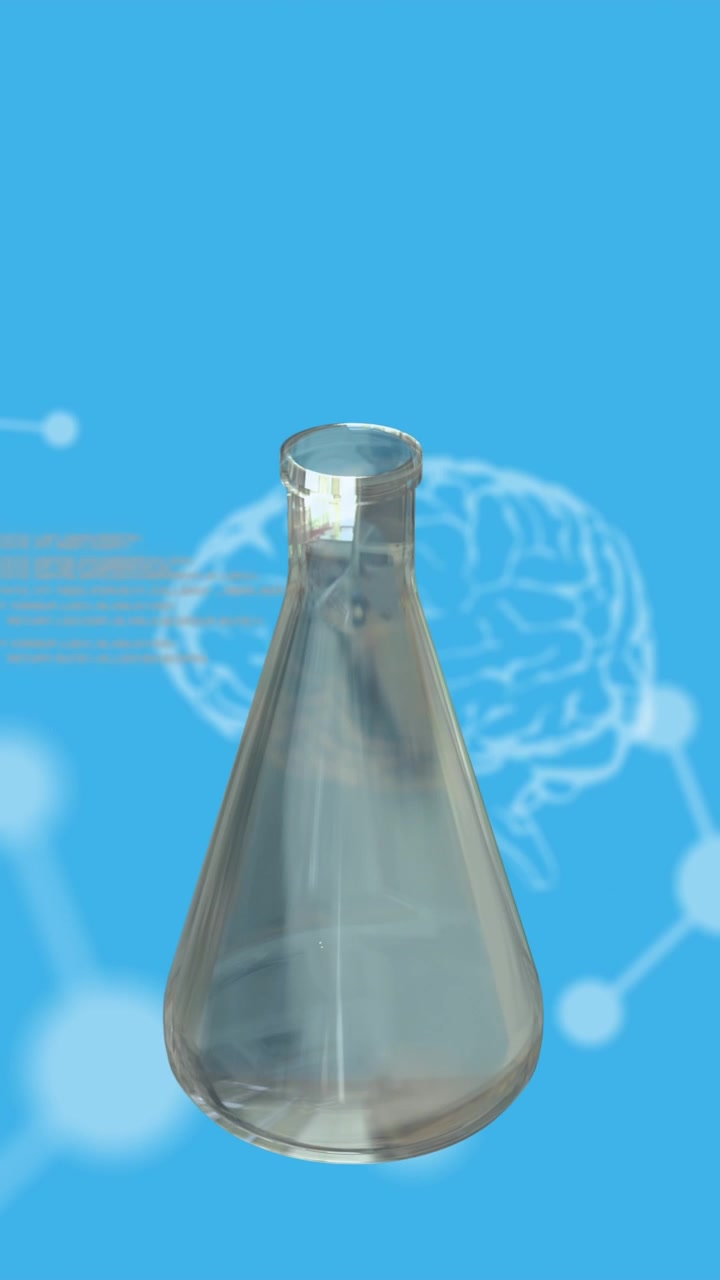 Animazione di provetta in rotazione, filamento di DNA e diagrammi del cervello su sfondo blu
