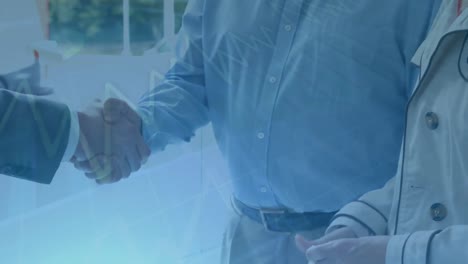 animation of statistics with data processing over caucasian man giving car keys and shaking hands wi