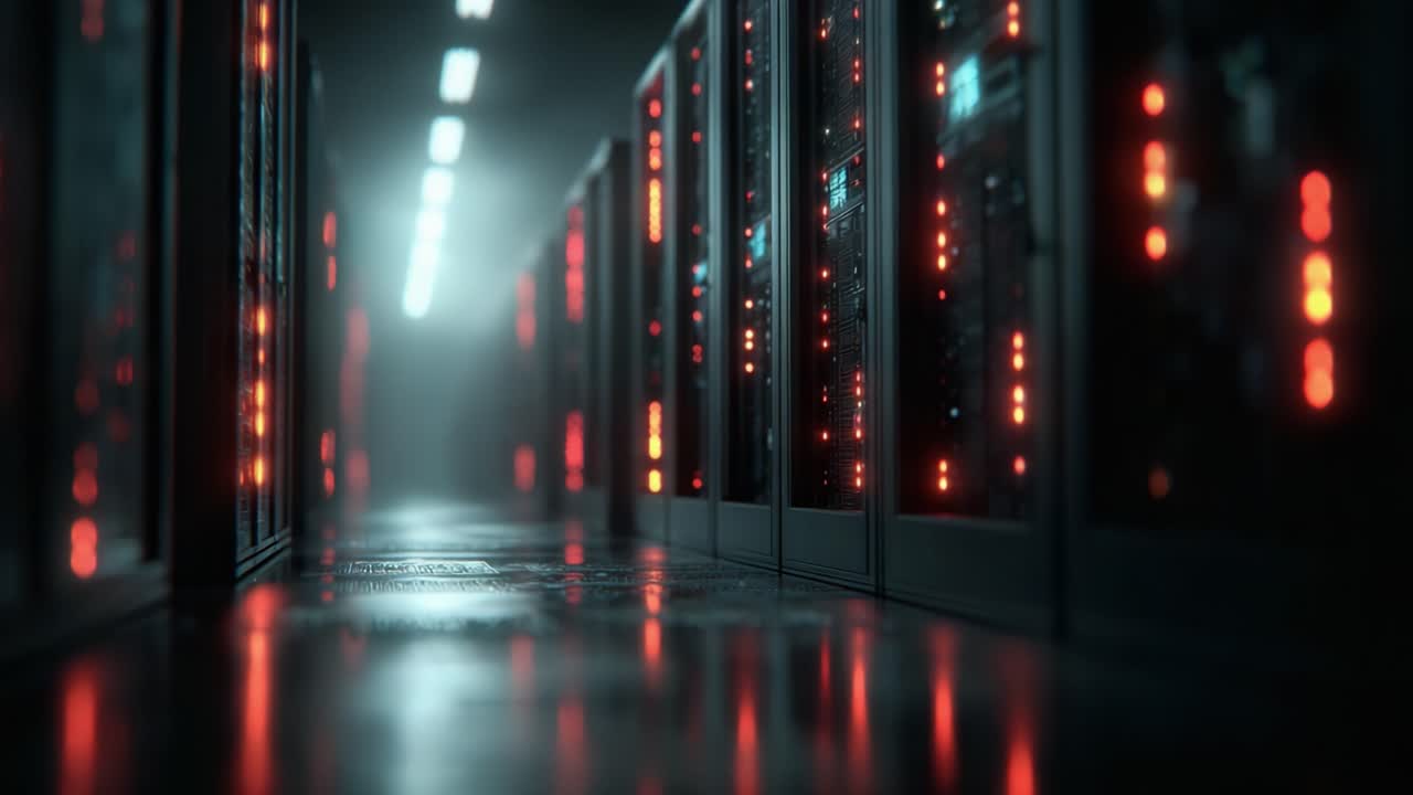 A Captivating View of a High-Tech Data Center Filled with Glowing Servers, Showcasing Modern Infrastructure and the Intricacies of Digital Technology Amidst Ambient Lighting