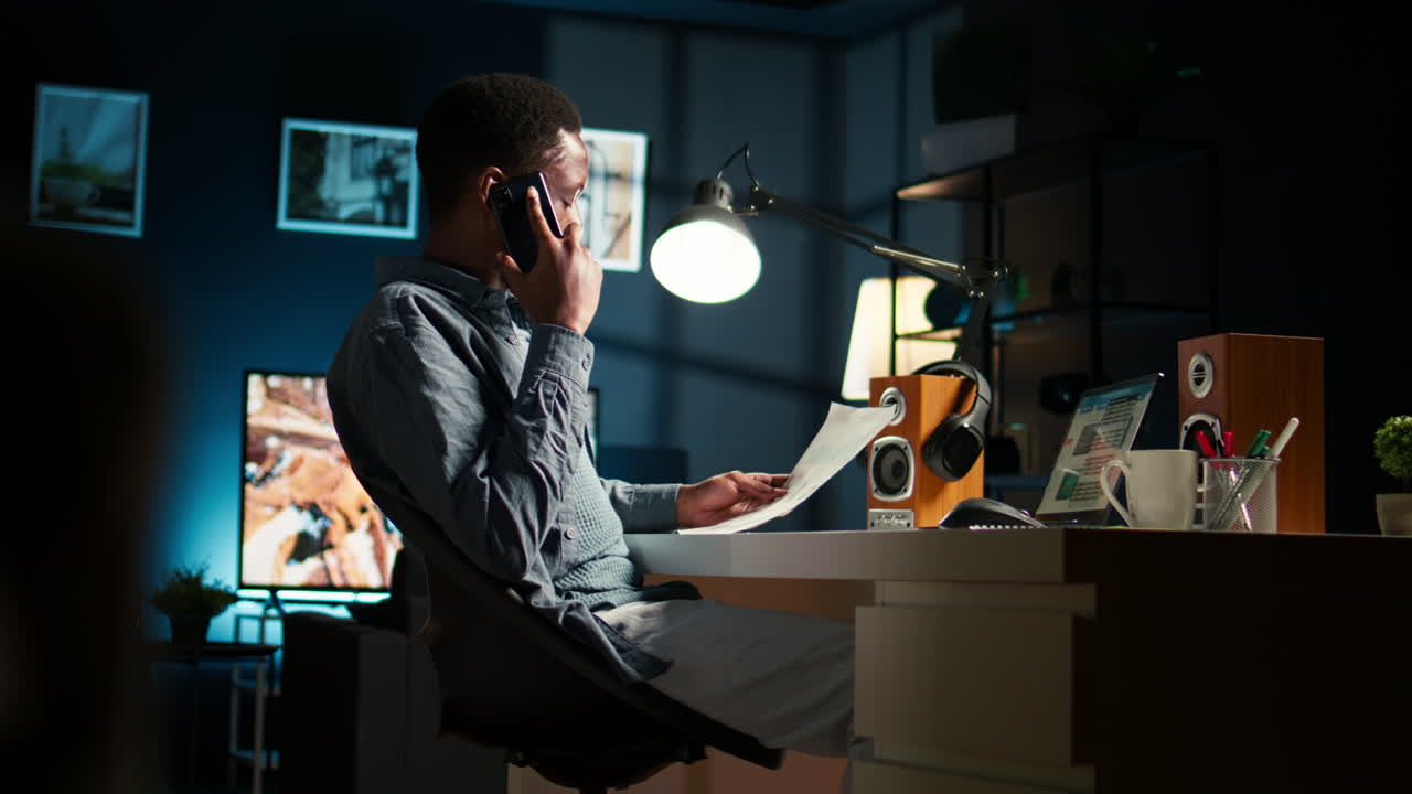 남자 프리랜서가 자금에 대해 논의하기 위해 집에 있는 금융 전문가에게 전화합니다.