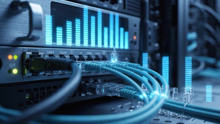Primo piano di interfacce di server di rete con connessioni attive e indicatori di segnale in un moderno ambiente di data center, che mostra un'infrastruttura ad alta tecnologia.