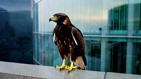 hawk perched on a city rooftop
