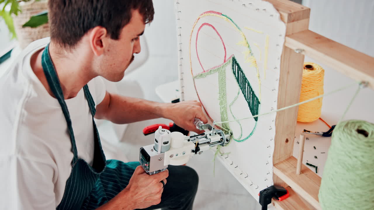 기계 를 사용 하여 바늘 기 예술 을 만드는 사람