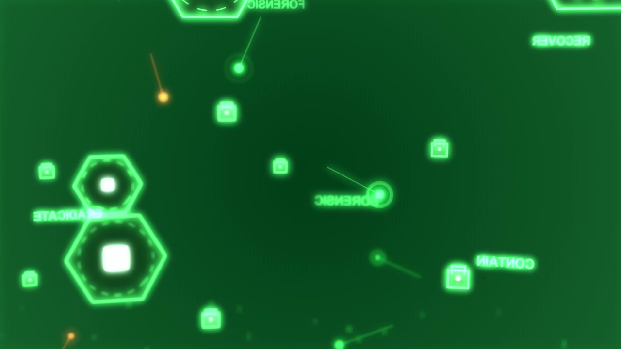 Transparent HUD map animating, orange ping entering, nodes moving, hexes pulsing, scanning assets