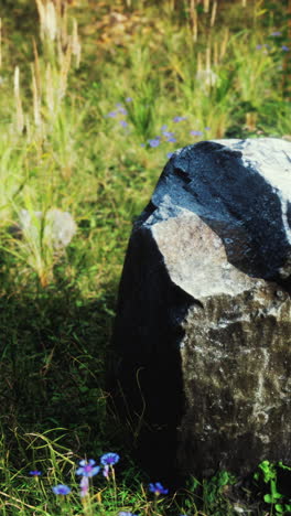 close up of a large rock in a meadow