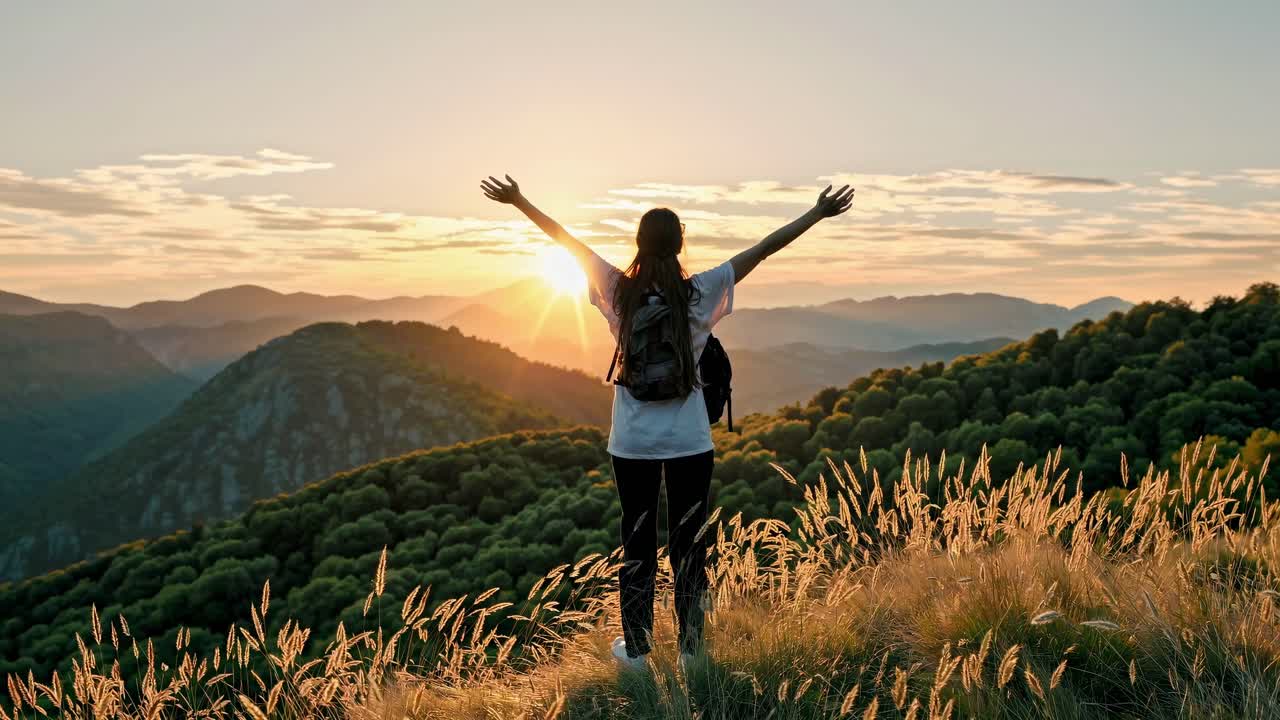A serene video scene of a woman with arms outstretched towards a sunrise, captured from behind