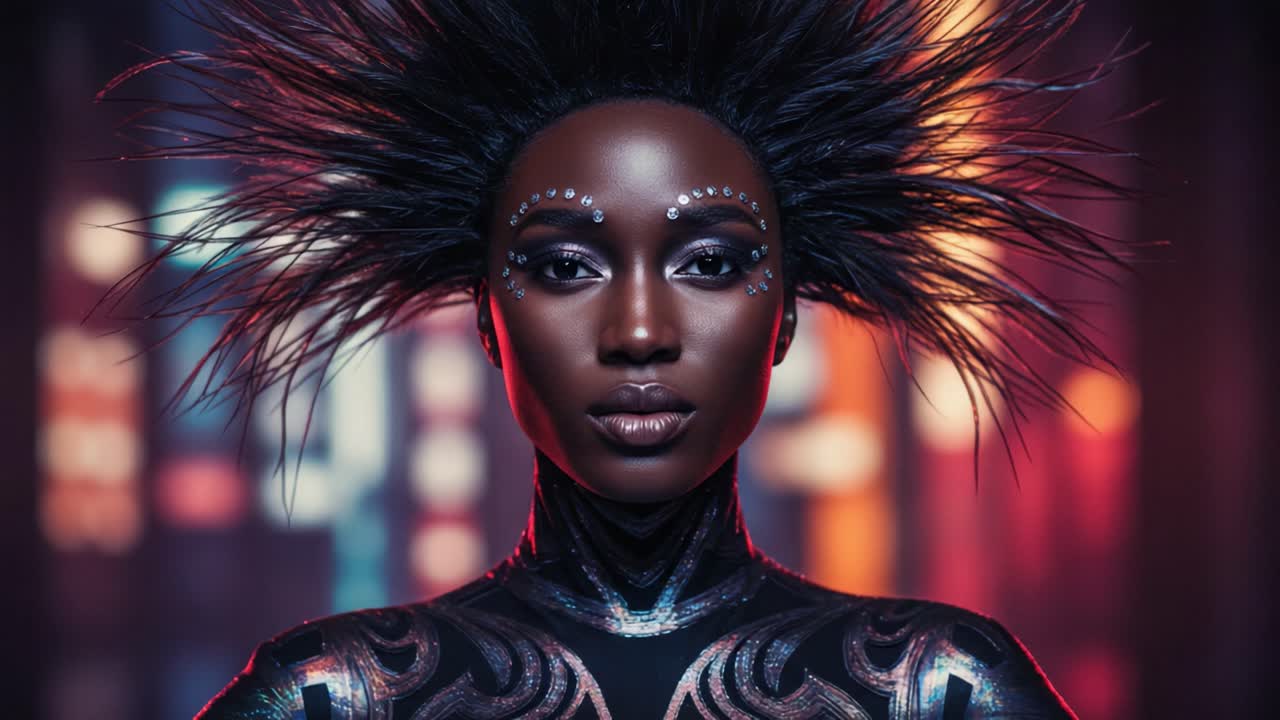 Striking Portrait of a Fashion Model with Dramatic Hairstyle and Glittering Makeup Illuminated by Urban Backdrop, Capturing Unique Style and Empowering Presence