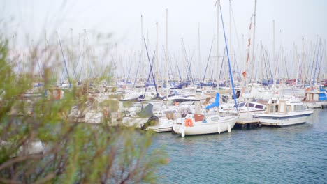 Angedockte-Boote-Und-Schnellboote-In-Einem-Seehafen-An-Einem-Bewölkten-Tag