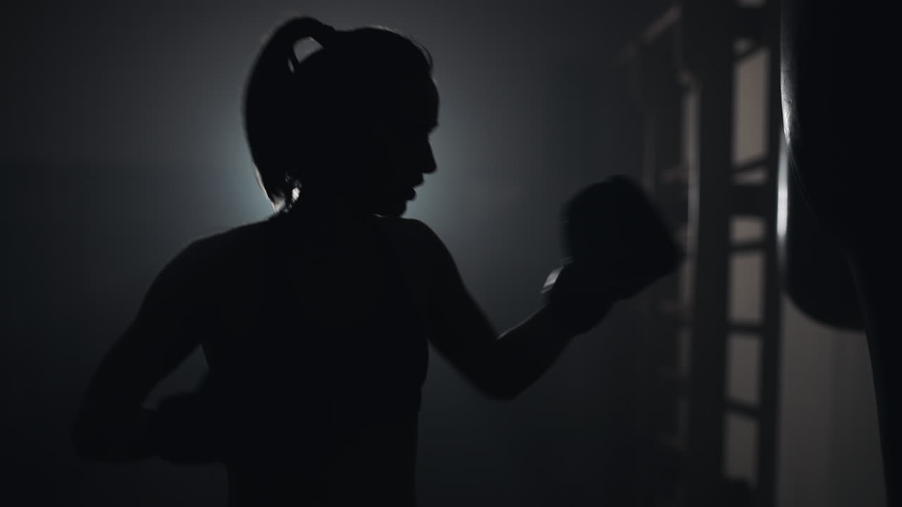 Female Boxer Training with Punching Bag in Dramatic Silhouette