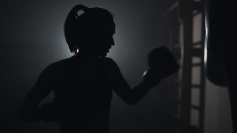 female boxer training with punching bag in dramatic silhouette