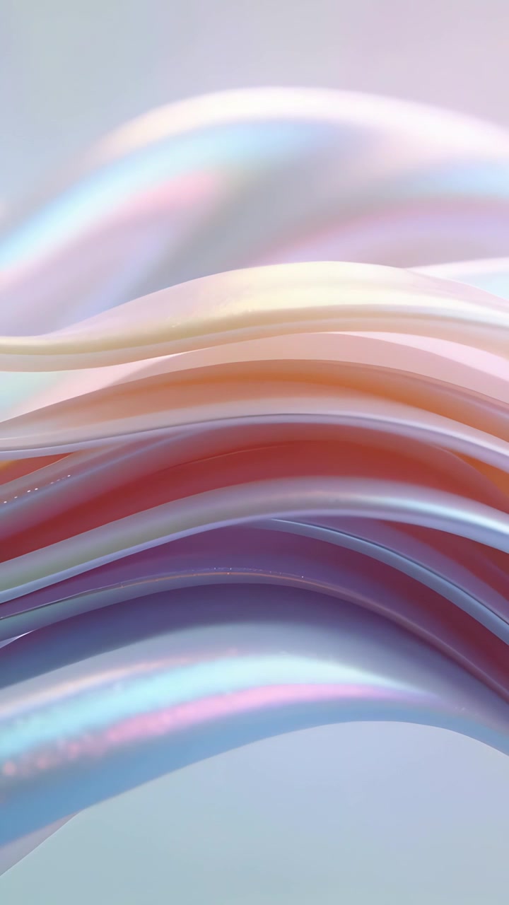 Vertical video: Shifting lights driving stacked iridescent ribbons flowing in studio, pastel sheen