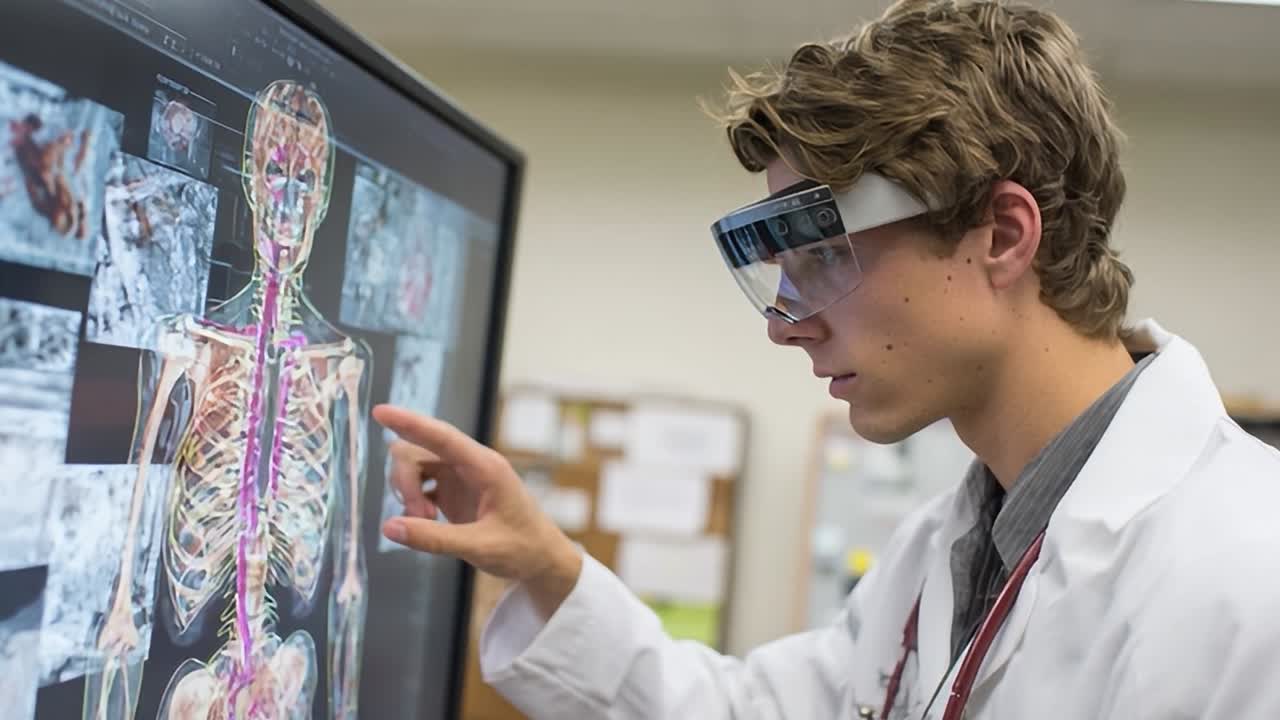 Estudiante de medicina examina anatomía humana animada usando tecnología avanzada