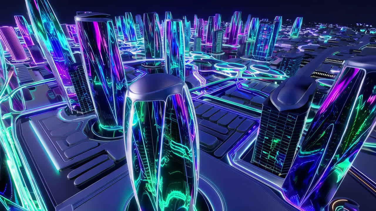 미래의 네온 도시 풍경