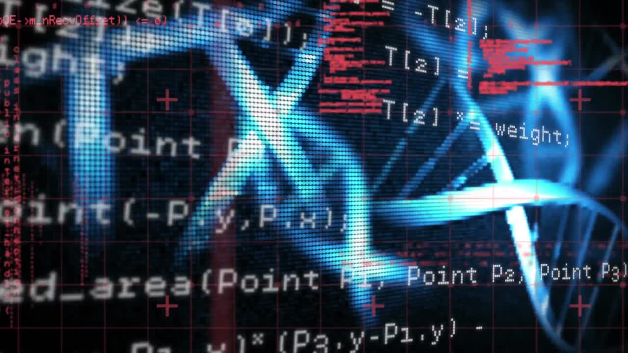 animación del hilado de cadenas de adn en 3d y procesamiento de datos científicos sobre la cuadrícula en el fondo