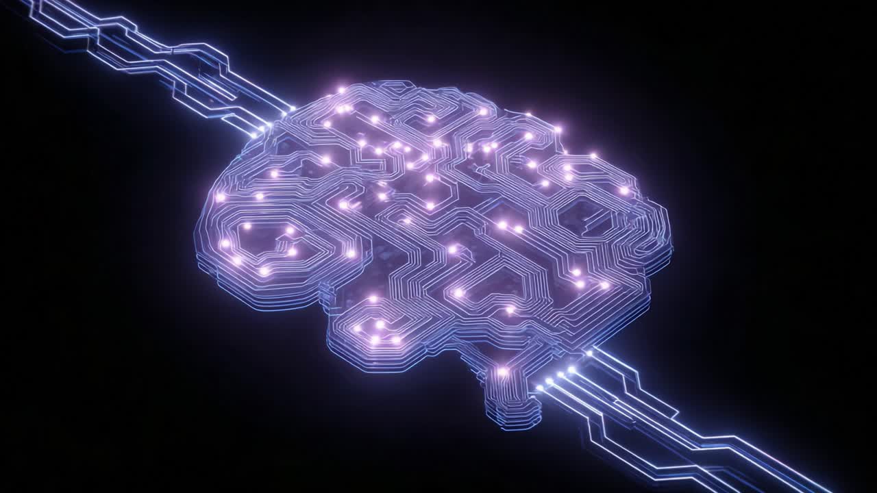 Abstract circuit board in the shape of a human brain processing data, representing concepts like artificial intelligence, machine learning, deep learning, and futuristic technological innovation