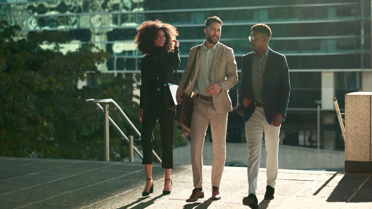 Business team, stairs and walking outdoor