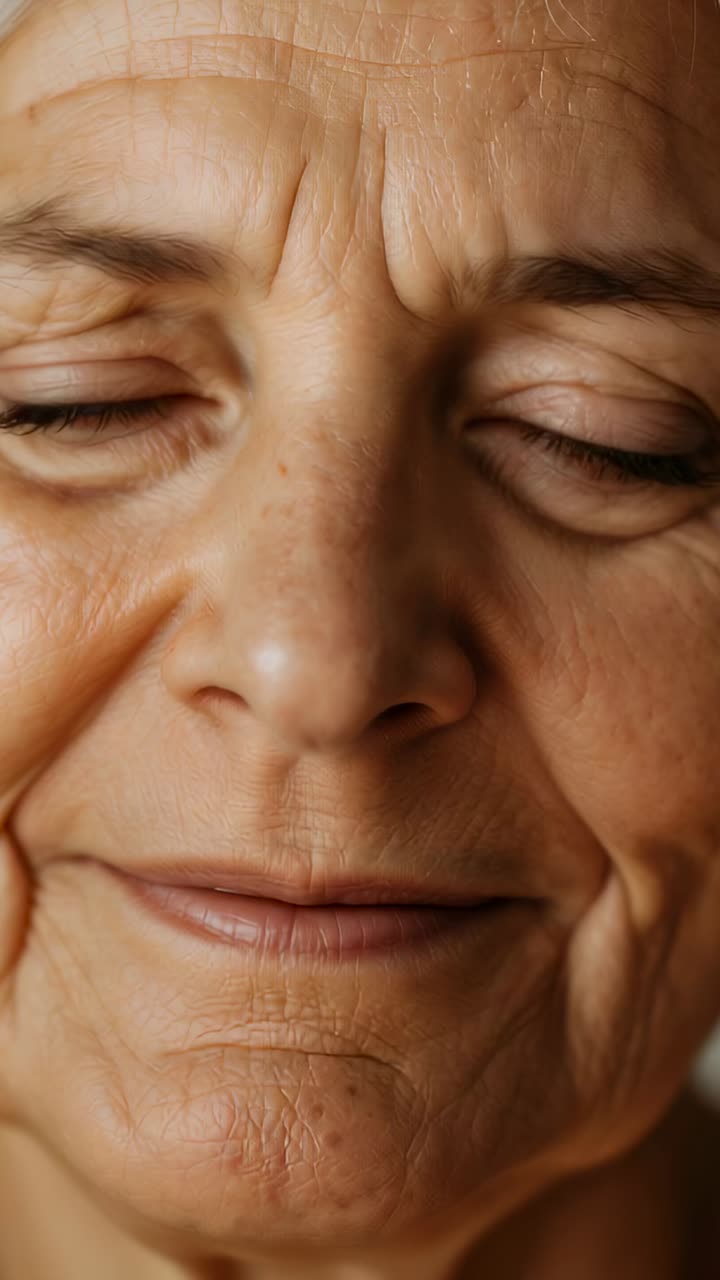 Vertical video: Pressing left hand, senior woman withdrawing hand, blinking and resting near window