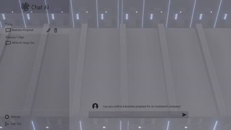 un logotipo de chat y texto de conversación sobre el procesamiento de datos en servidores en la sala de servidores