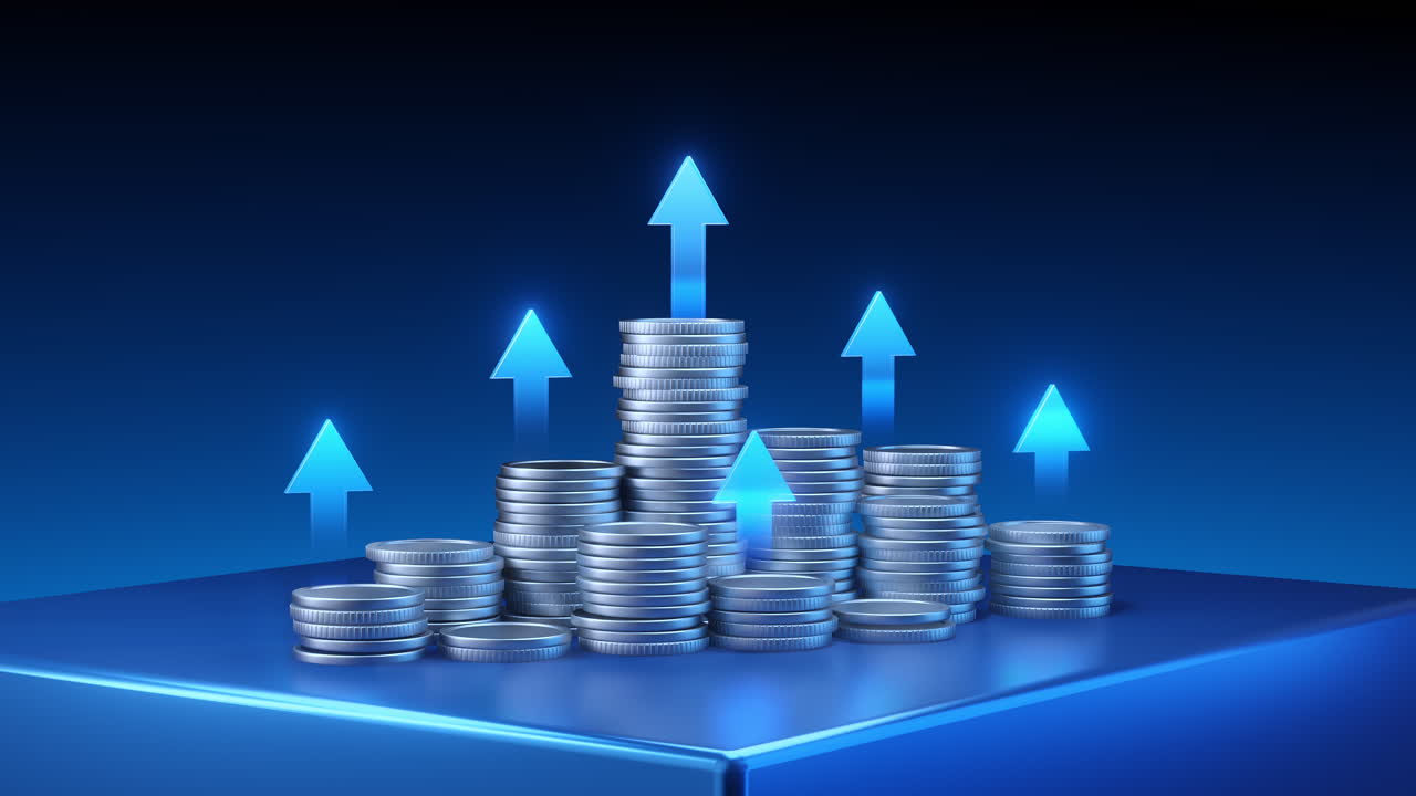 Stapel von Silbermünzen mit leuchtenden blauen Pfeilen, die aufsteigen und finanzielles Wachstum, Erfolg und eine Investitionssteigerung auf einer dunkelblauen Plattform symbolisieren.