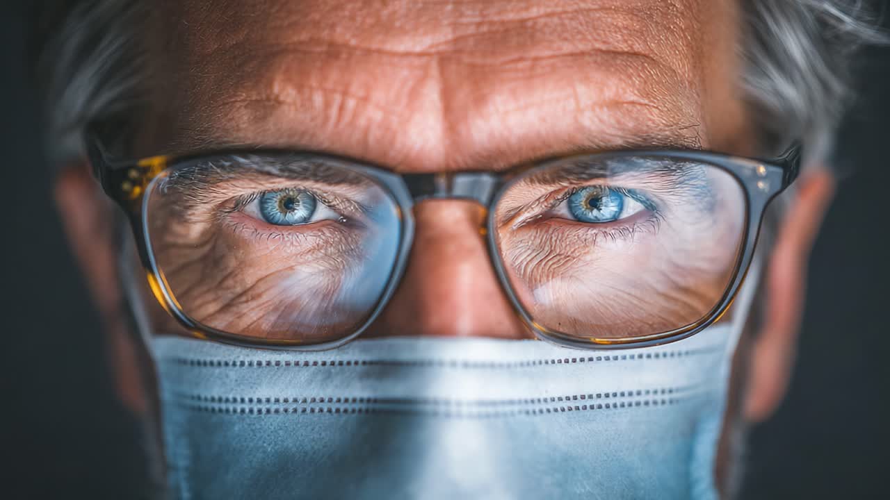 Close-Up of an Individual Wearing a Mask and Glasses, Emphasizing Intense Eye Expression and Focus Amidst a Mysterious Background